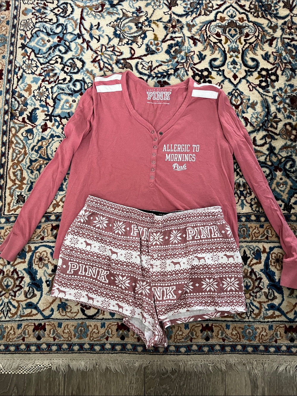 PINK Victoria's Secret Rose Pink Long Sleeve Henley Pajama Set